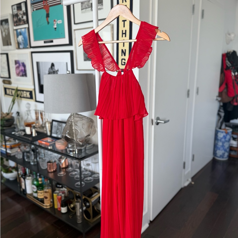 Vibrant Red Accordion Jumpsuit Romper